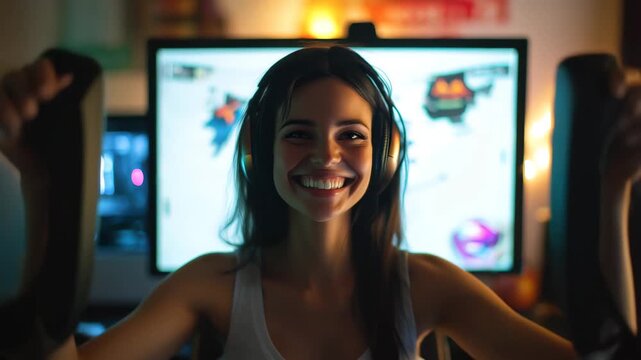 Excited gamer celebrating victory in a dimly lit room during a gaming session