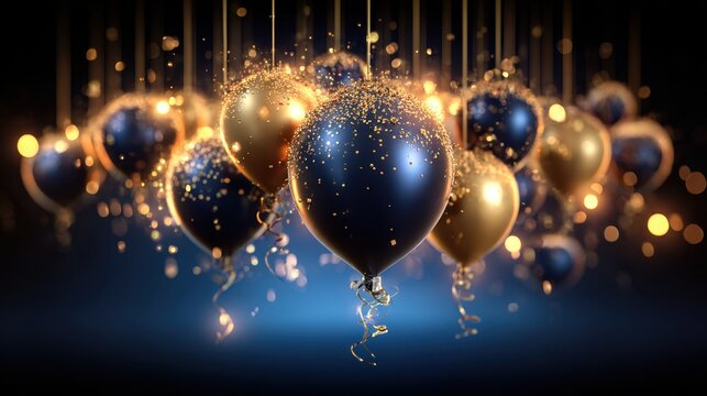 Festive golden and navy balloons floating amidst confetti and bokeh
