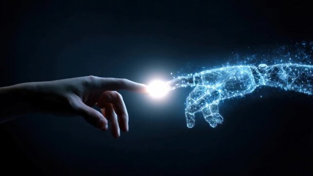 Digital Connection: A human hand and a digital construct reach out, fingers almost touching, forming a powerful visual metaphor for connection.