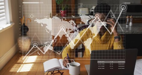 Woman taking call while writing notes, initiating animated world map and rising line for business - Powered by Adobe