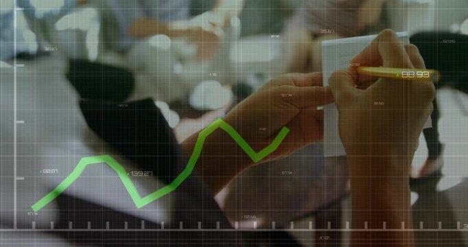 Woman taking notes as green line chart emerges and climbs across meeting table for business insight