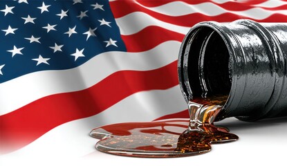 Oil barrel spilling with USA flag on the background