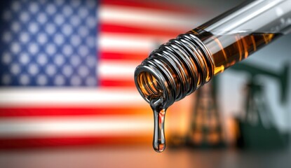 Oil flowing from the test tube with the American flag in the backdrop