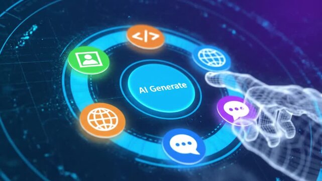 Generate with AI button. Artificial intelligence and Machine learning technology concept. AI enters by command prompt to generate ideas. Hand about to press a Generate AI button. 4k video
