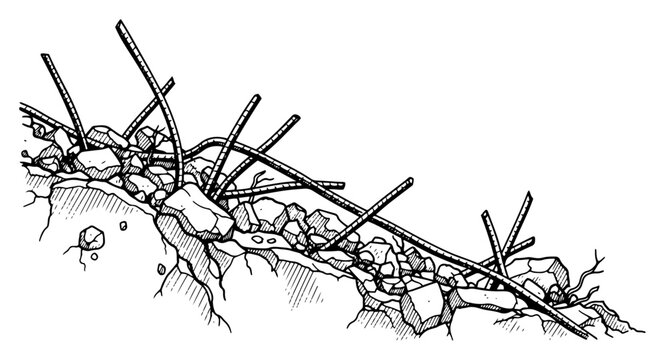 Hand drawn destroyed concrete rubble with twisted metal rebar