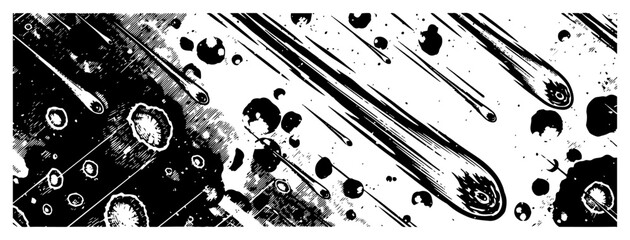 Falling meteors and comets hitting planet surface with craters © Anna