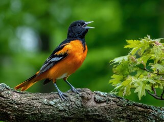Fototapeta premium A beautiful Baltimore oriole perched on a tree branch, singing in the sunlight