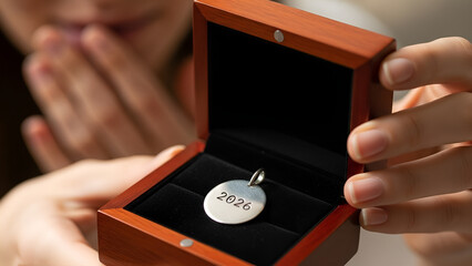 Obraz premium Close-up of Hands Opening Luxury Jewelry Box with Engraved Pendant - Valentine's Surprise