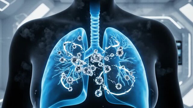 Anatomical illustration showcasing the human respiratory system, highlighting the lungs and their internal structures.