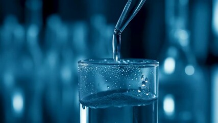 Blue Toned Pipette Dropping Liquid into Glass Beaker with Condensation Lab Experiment Chemistry Science