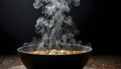 Dramatic lighting, a dark background, and steam rising from a heated soup dish