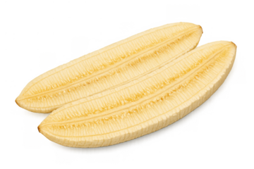 Ripe banana cut lengthwise in two halves, yellow fresh fruit, healthy tropical snack food, transparent background