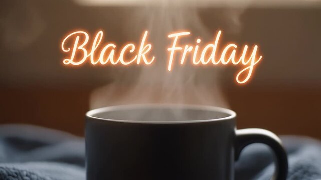 Coffee Mug Steam. Black Friday. Soft-focus lifestyle photo for pre-dawn shopping fuel with the text "[Black Friday]" in a wispy vapor font, with a matte black mug and gentle morning light scheme.
