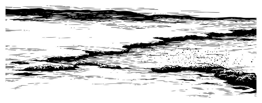 Hand drawn sketch of wide landscape with river and rocky shore