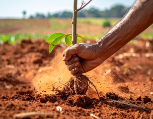 Cultivating New Beginnings: A close-up shot captures the act of planting a sapling, emphasizing the vital connection between hand, earth, and the potential for new life and growth. 