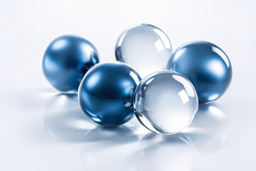 Moderne 3D Kugeln aus Glas und Metall in Blau auf Wei&szlig;