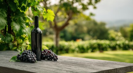 Wine bottle and grapes on wooden table against vineyard background