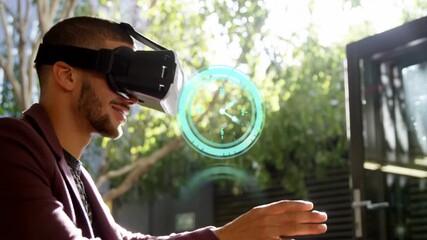Animation of clock over caucasian businessman wearing vr headset - Powered by Adobe