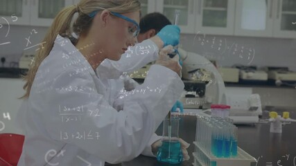 Animation of mathematical equations over diverse scientist in lab cityscape - Powered by Adobe