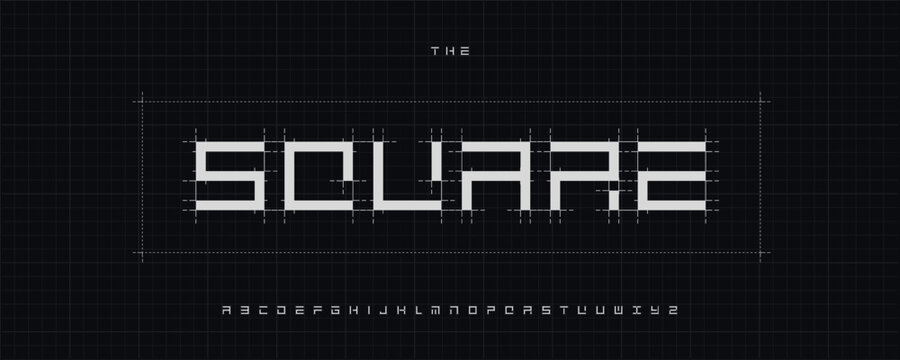 Architecture Square Stencil Font Logo Alphabet Vector Blueprint Letters Set Geometric Typography, Technical Draw Typographic Title Text, Headline, Logotype, Architect Fonts. Vector Typeface