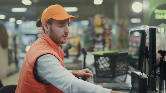 Cashier scanning bananas, Staff member diligently scanning fruits at checkout counter amid blurred grocery shelves