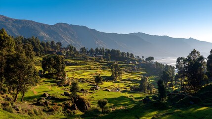 Obraz premium Lush Green Terraced Paddy Fields Cascading Down a Mountainous Rural Landscape Under Morning Sunlight