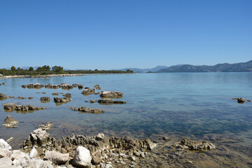 A beautiful coastal view from Drace on the Peljesac peninsula looking north over the Malo More with the mountains of mainland Croatia visible on the right