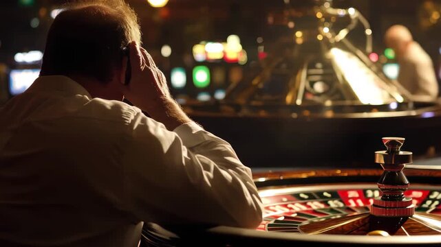 Gambler contemplating strategy at a roulette table in a bustling casino during the evening hours