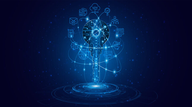 Circuit board key technology. The concept of encryption for cybersecurity and data privacy. Innovative secure technology.