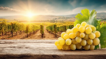 Ripe grapes on a wooden table, vineyard in the background 