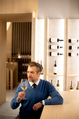 Obraz premium Sipping white wine in a modern tasting room with an elegant ambiance