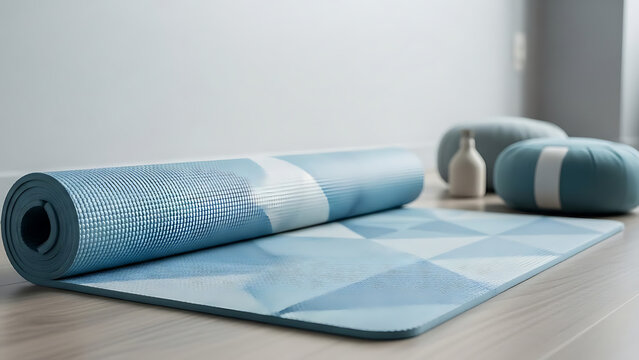 Rolled up blue yoga mat on a wooden floor with two blue bolsters and a white vase in a bright room with fitness and exercise and wellness and meditation - Powered by Adobe