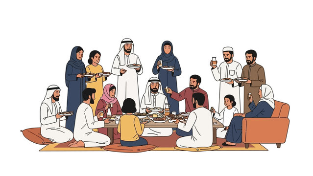 People gathering around a meal in a traditional setting with diverse individuals - Powered by Adobe