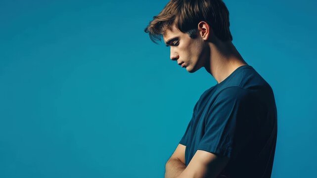 Young man in contemplative pose against a blue background expressing deep thought and reflection