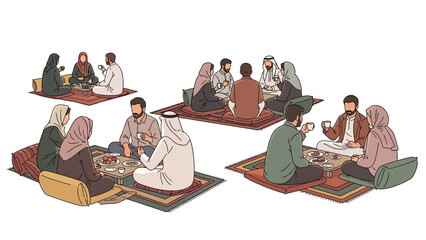 People gathered on mats in a cultural setting, engaging in conversation and sharing food together.