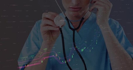 Animation of data processing over caucasian female doctor with stethoscope - Powered by Adobe