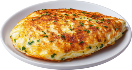 Omelet egg breakfast cheese parsley fluffy golden omelet on white plate with herbs garnish