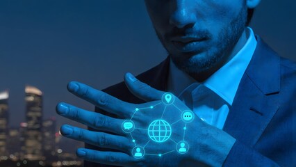 Businessman interacting with global digital network icons at night