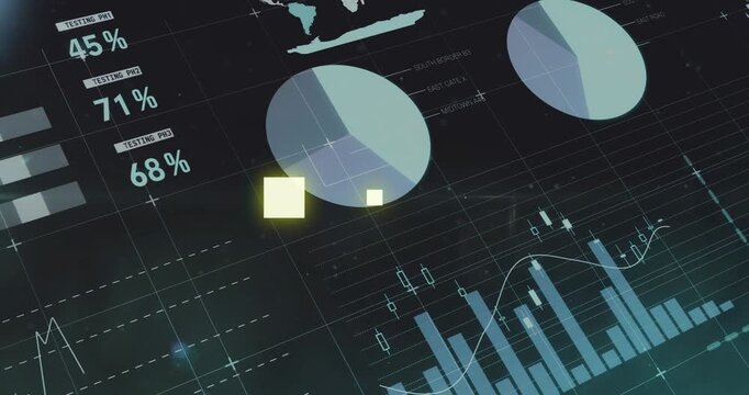 Statistical data processing over glowing yellow squared shapes pulsating against black background