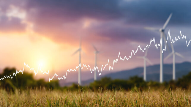 Sunset wind turbines and graphs. Sunset lights the sky behind wind turbines while a graph line tracks data trends in the foreground. - Powered by Adobe