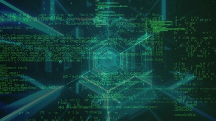 Digital animation of data processing over hexagonal glowing tunnel against black background - Powered by Adobe