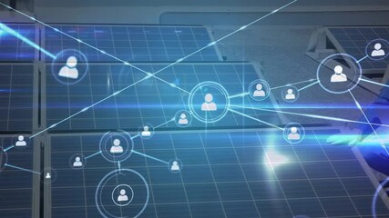 Animation of network of profile icons over male engineer setting up solar panels on the roof - Powered by Adobe