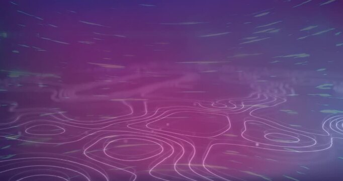 Topography and light trails spinning against purple gradient background with copy space