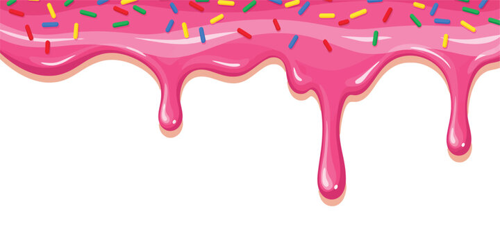 Pink frosting drips with colorful sprinkles on transparent background. Abstract Dessert Background. Vector Illustration
