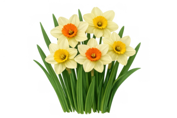 Daffodil flowers blooming in a spring bouquet, colorful narcissus blossoms with green leaves, transparent background
