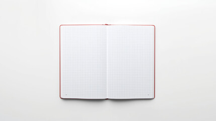 A minimalist top-down flat lay of an open notebook on a white background, showing blank graph paper with faint blue grid and subtle red margin lines, is centrally aligned with a soft shadow along the 
