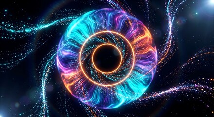 Vibrant neon swirl with glowing orange rings in space