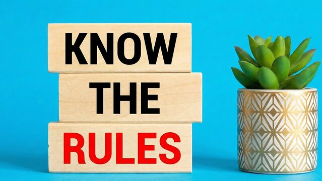 Know the rules symbol. Wooden blocks with words Know the rules. Beautiful blue background with succulent plant. Business and Know the rules concept