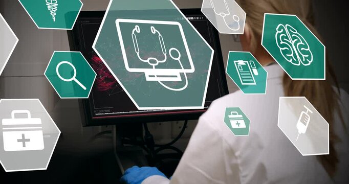 Animation of scientific icons in hexagons over caucasian female lab worker using computer