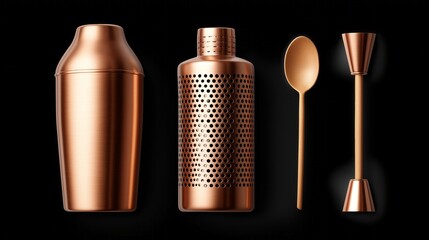 A collection of elegant copper bar tools is arranged on a dark surface, showcasing a shaker, strainer, spoon, and jigger. Perfect for creating artisan cocktails with flair